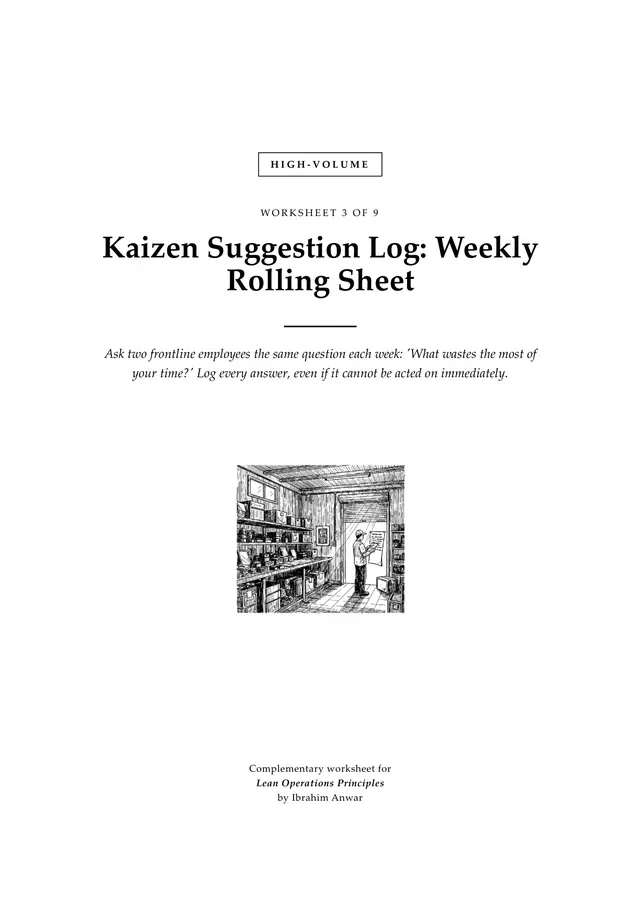 Cover, Kaizen Suggestion Log: Weekly Rolling Sheet
